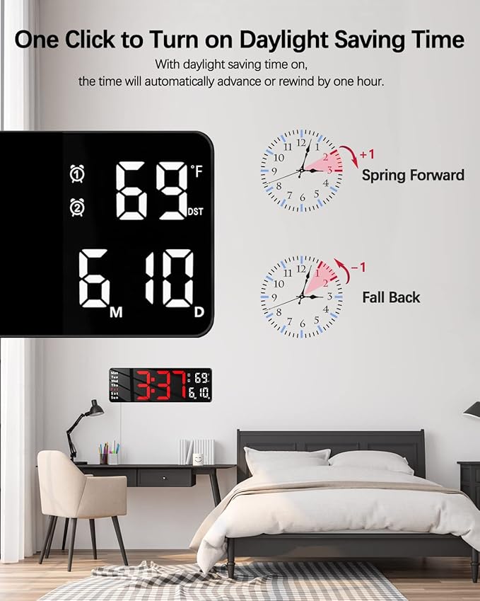 JoFomp Digital Wall Clock - 13" Large LED Display, Loud Alarm, Remote Control, DST, Auto-Dimming, Date and Day, Timer, Temperature - 12/24H Format - Ideal for Living Room, Bedroom, Kitchen