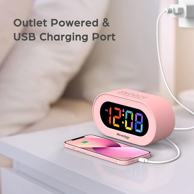 REACHER Pink Girls Alarm Clock, Dimmable Colorful LED Digital Display, USB Phone Charger Port, Simple Operation for Kids, Adults, Adjustable Volume, Snooze, Small Size for Bedrooms, Bedside, Desk