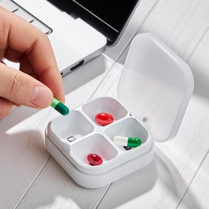 DEFI Smart Pillbox | Bluetooth Pill Organizer, Travel Medication Organizer & Daily Pill Case, Portable Medicine Holder for Vitamins & Supplements | Sound & Light Reminder App (Medium, 4 Slots)