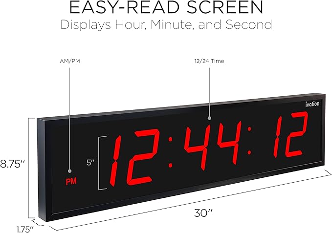 Ivation Oversized Large Digital Wall Clock - Big LED Digital Clock w/Large Display & Durable Aluminum Frame, Shelf or Wall Mount (30 Inch - Red) 6 Brightness Levels | Time Memory | Remote