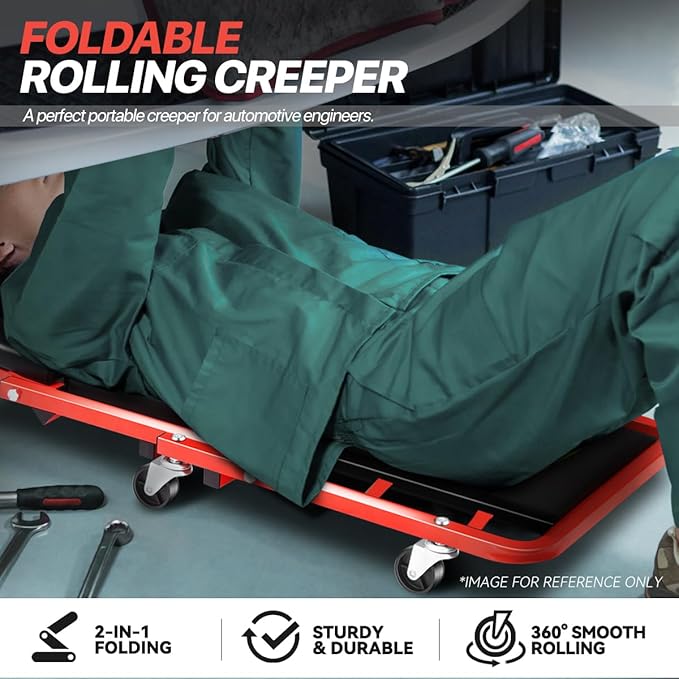 2-in-1 Foldable Rolling Z Creeper & Seat, 40" Low-Profile Roller Mechanics Under Car Chair 330 LBS Weight Capacity Garage Roller Creeper with 6 Swivel Casters