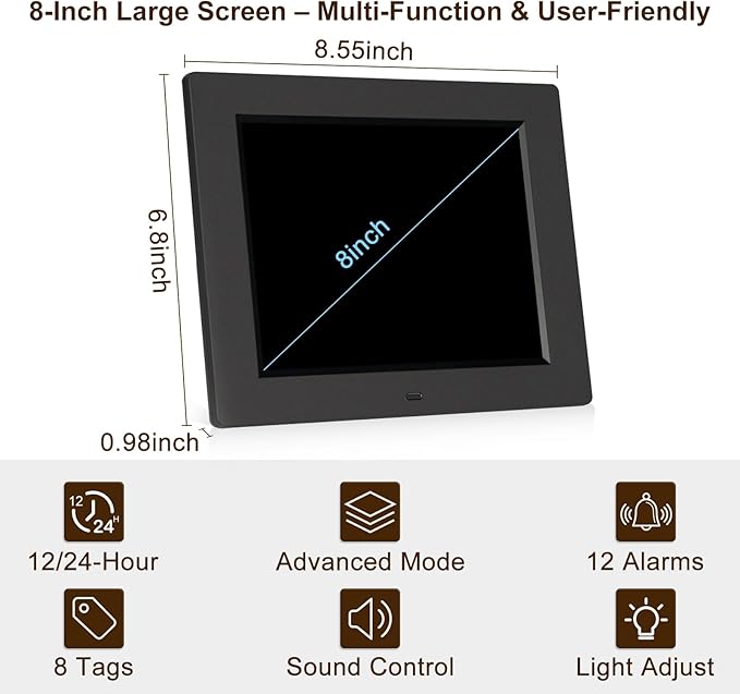 KASTISS 8 Inch Digital Calendar Alarm Day Clock, Large Digital Clock Easy-to-Read, Impaired Vision People, 12 Customizable Alarms, Dementia, Alzheimer’s, Elderly Care & Bedroom/Kitchen (Black)