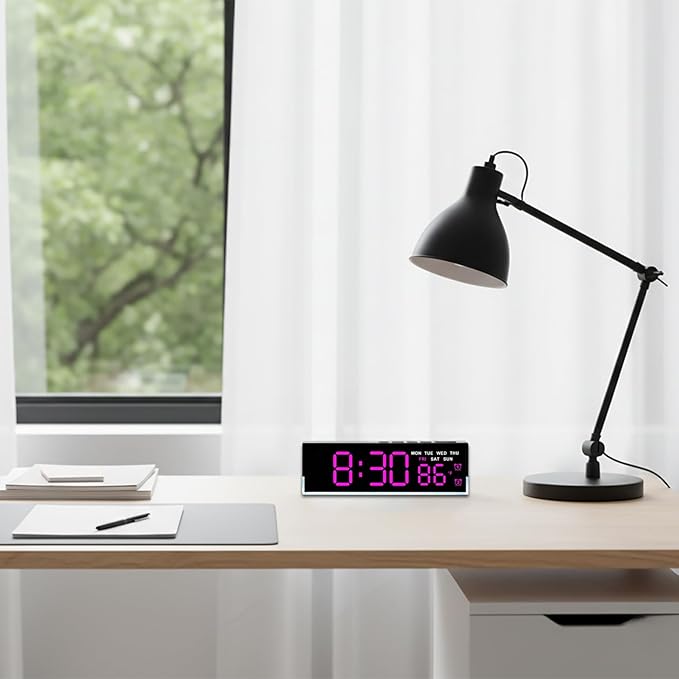 45MinST 7-Inch LED Digital Alarm Clock with Bottom Glow Light｜Displays Time, Date, Day, Temperature ｜Dual Alarms, DST,Auto/Manual 3-Level Brightness,Battery or USB Powered Desk Clock,Rose Red