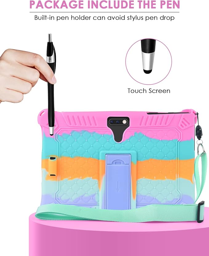 DETUOSI 10.1 inch Tablet Case Compatible with Feonal 10", ANTEMPER Touch 10.1, Gowin Touch 10.1, WECOOL WM1001R 10 inch, Soft Silicone Lightweight Case with Stylus Pen & Strap, Dazzling Pink