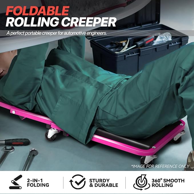 Foldable Creeper, 2-in-1 Rolling Garage Z Creeper Car & Seat, 36" Roller Mechanics Under Car Chair, 330 LBS Weight Capacity Heavy Duty, Rose Pink