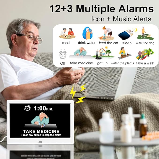 CAZOKASI Extra Large Impaired Vision Digital Alarm Clock with Day and Time for Elderly DST Calendar Clock No Battery Plug-in Power Outage Memory Auto Dimmable Clock (10.1 Inch White)