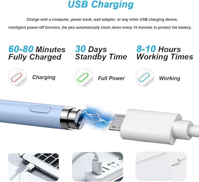 DOGAIN Active Stylus Pen for Touchscreen, iPad Pencil 1.5mm Fine Point Pen, Digital Pens Rechargeable for Tablet, Stylus Pens Compatible with iPad Air/Mini/Pro/Android/iPhone and Most Device - Blue