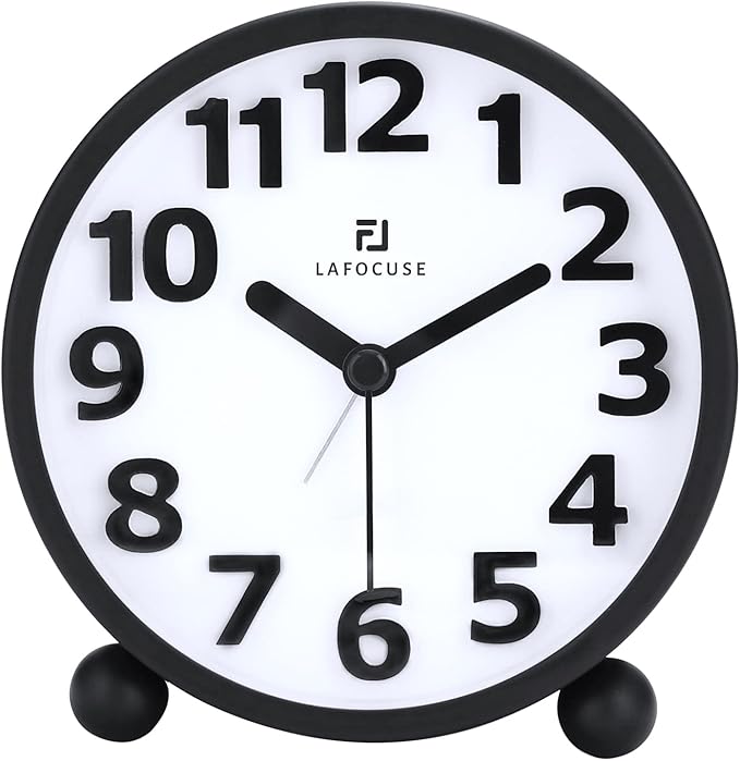 Lafocuse Metal Large 3D Numerals Easy to Read Analog Alarm Clock for Heavy Sleepers with Night Light and Snooze Function, Silent Black Bedside Clock for Bedroom Desk Shelf Table, 4 Inch