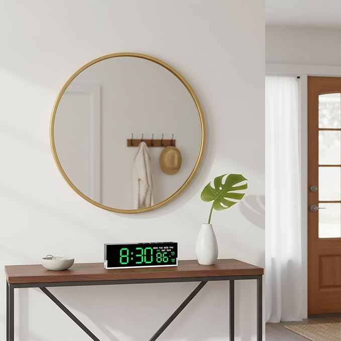 JENLYSTIME 7 Inch LED Digital Alarm Clock with Dual Alarms & Bottom Glow｜Displays Time, Date, Day, Temperature ｜3-Level Auto/Manual Brightness, DST, USB or Battery Powered Modern Desk Clock (Green)