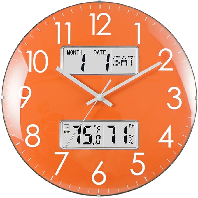 Nbdeal 13-Inch Analog Silent Wall Clock with Calendar Temperature & Humidity (Orange)