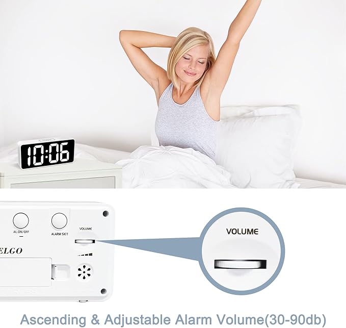 Welgo 7.5 Inches Huge Digital Alarm Clock for Seniors & Visually Impaired, Easy Set, USB Charging Port, 0-100% Dimmer, Snooze, Adjustable Volume, Outlet Powered for Bedroom