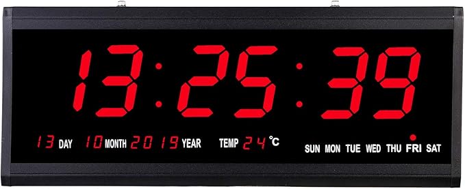 Rsobl 18.9 Inch Oversized LED Digital Wall Clock Large Display with Indoor Temperature Date and Day of Week,Electric Wall Clock/Calendar Timer Home Decor -Red