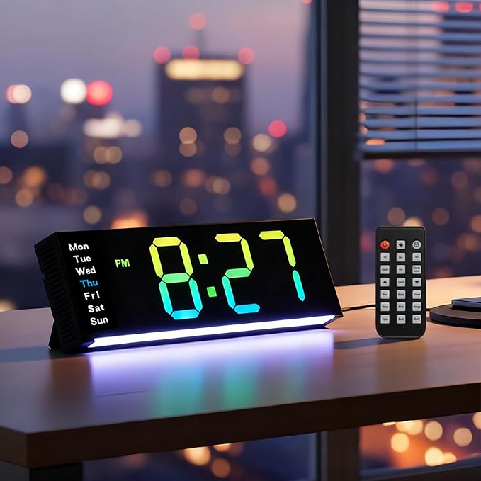 11 Inch LED Wall Clock with RGB Flowing Light | Large Digital Display with Date, Temperature, Dual Alarm, Countdown Timer, Remote Control | Silent Wall or Desk Clock for Home,Office,Living Room,Yoga