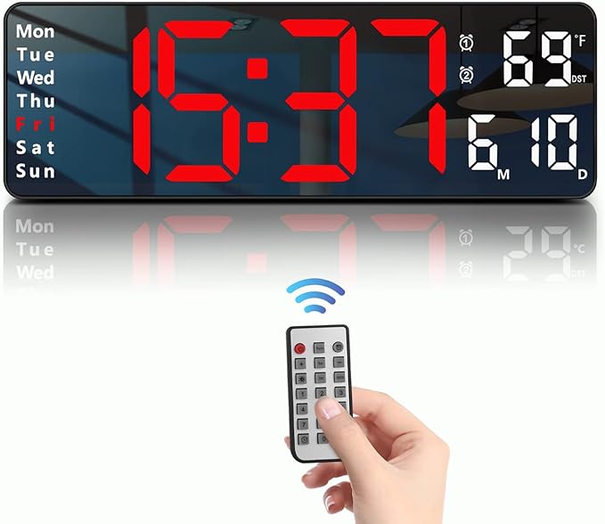 JoFomp Digital Wall Clock - 13" Large LED Display, Loud Alarm, Remote Control, DST, Auto-Dimming, Date and Day, Timer, Temperature - 12/24H Format - Ideal for Living Room, Bedroom, Kitchen