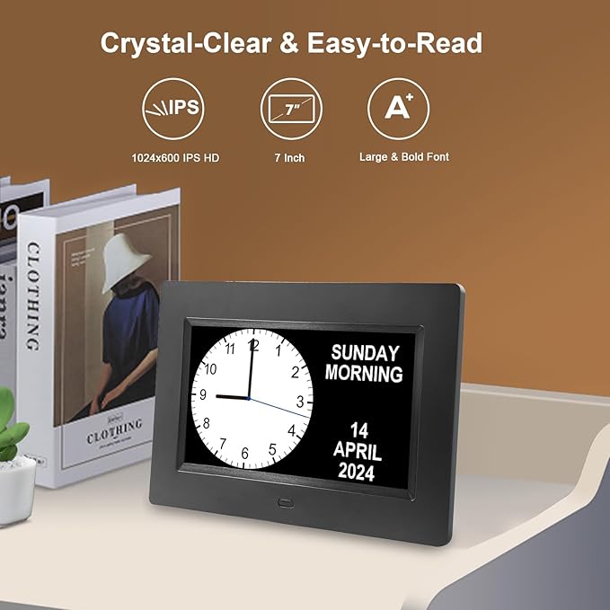 SSA Digital Calendar Alarm Day Clock for Senior, Dementia Clock with HD Screen, Remote Control, Adjustable Brightness, Multiple Alarm Options, Alarm Clock Ideal for Alzheimers & Memory Loss