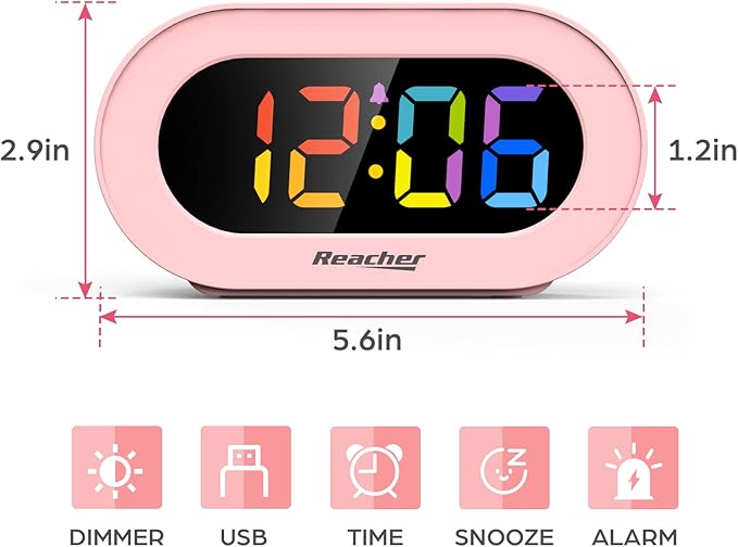 REACHER Pink Girls Alarm Clock, Dimmable Colorful LED Digital Display, USB Phone Charger Port, Simple Operation for Kids, Adults, Adjustable Volume, Snooze, Small Size for Bedrooms, Bedside, Desk