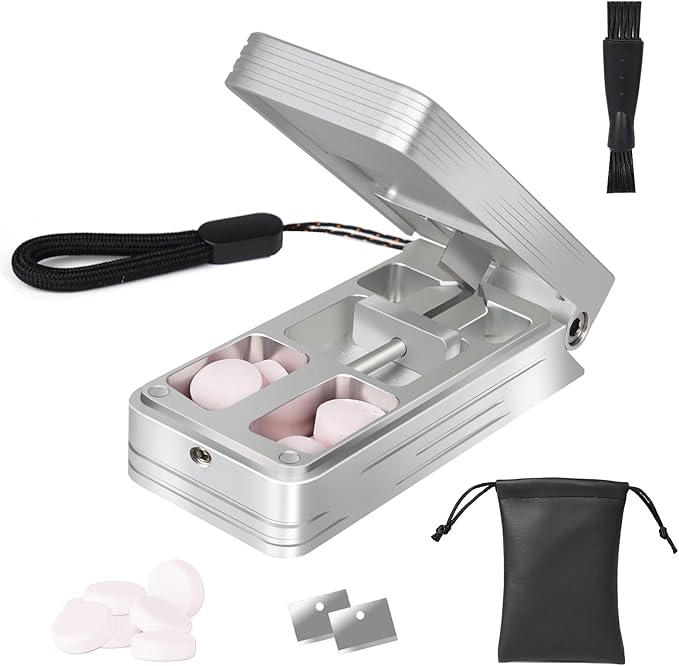 Pill Cutter for Small and Tiny Pills, Professional Aluminum Pill Splitter with Auto Centering Device and 2 Replaceable Stainless Steel Blades, Portable Pill Splitter with PU Case (Silver)