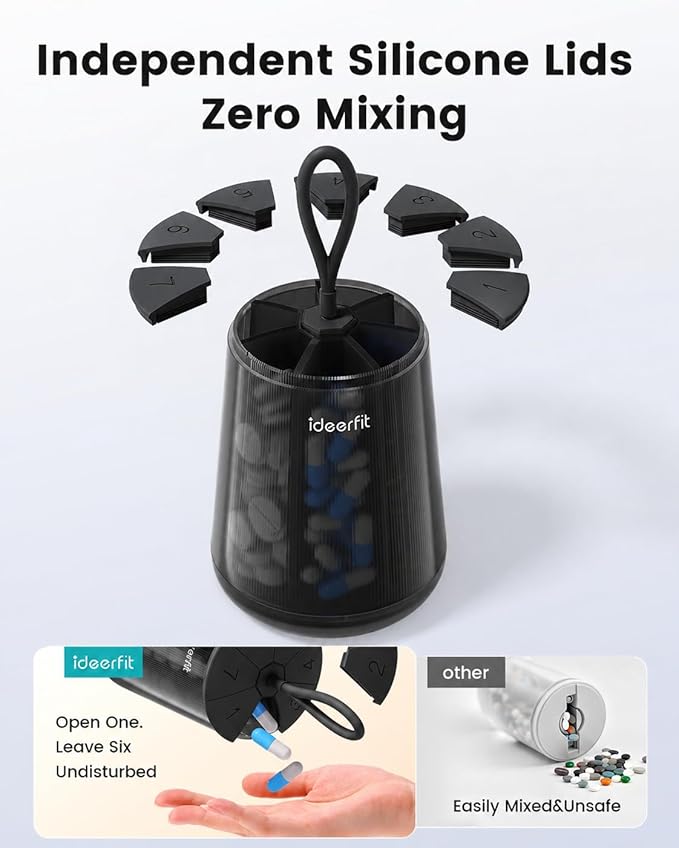 Anti-Mixing Large Pill Dispenser with 7 Compartments, Moisture-Proof & Light-Blocking Pill Bottle Organizer for Vitamins and Supplements, with Color Labels (Black)