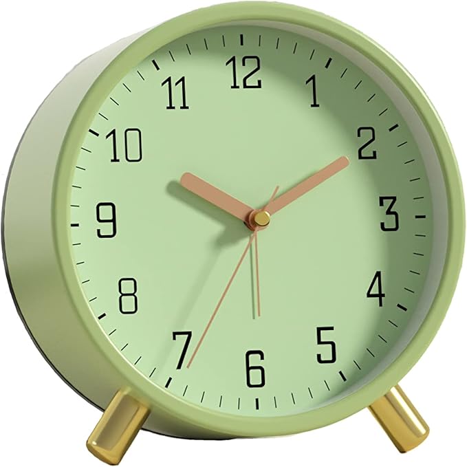 SHISEDECO Alarm Clock with Backlight, 4.5 inches Bedside Analog Non-Ticking Silent Small Deskclock with Arabic Numerals, Battery Operated Round Tableclock for Living Room, Bedroom (Green)