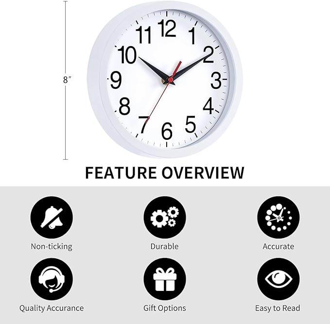 Rohioue Wall Clock Modern 8 Inch Battery Operated Silent Non Ticking Small Analog Clock Decorative for Bedroom Kitchen Bathroom Office Home (White)