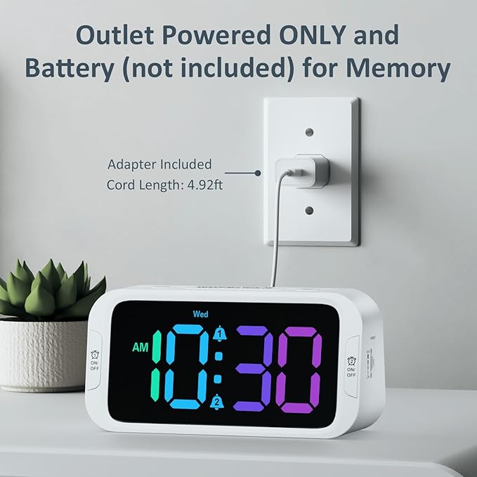 Odokee Dual Colorful Alarm Clock for Kids Bedroom - 0-100% Dimmer, 5 Alarm Sounds, USB Charger, Easy to Set, Weekday/Weekend Mode, Snooze, 12/24Hr, Battery Backup, Digital Clock for Teens Boys Bedside