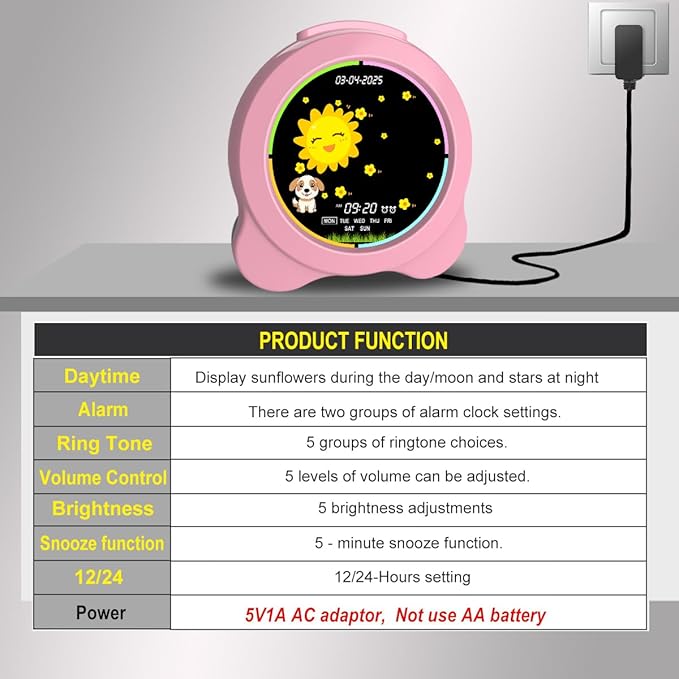 Kids Alarm Clock Sun & Moon LED Display with Day & Date OK to Wake Clock with Night Light for Kids Children's Sleep Trainer Gift for Boy and Girls (Pink)