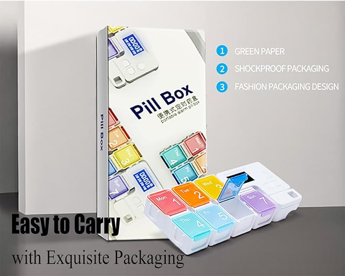 7 Days Pill Dispenser Organizer with Reminder Alarm,Daily Medicine Dispenser,Portable Weekly Pill Box,Travel Vitamins Fish Oils Small Supplements Medicine Box Case (Black)