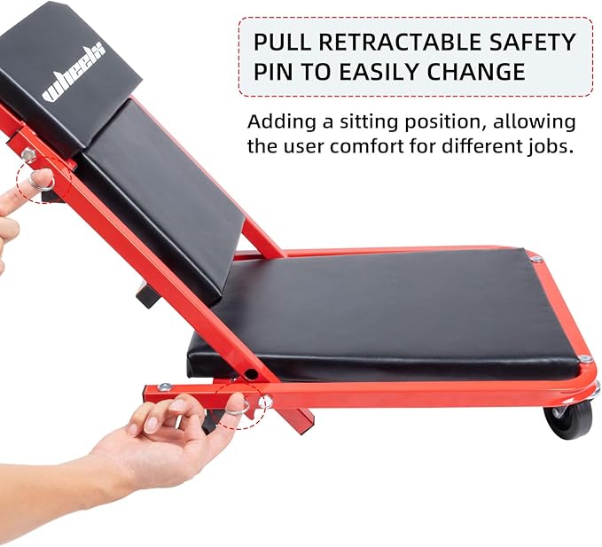 Mechanic Creeper 36-inch 3-in-1 Mode Z Seat 340lbs Capacity, Foldable Garage Adjustable Rolling Folding with 6pcs Wheels Roller, Lay Down Sit Lean Back, Under Car Auto Repair (Red Frame)