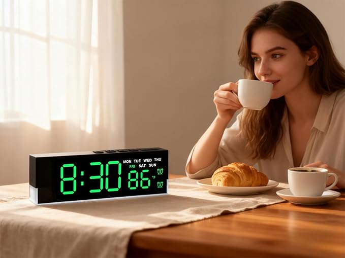 45MinST 7-Inch LED Digital Alarm Clock with Bottom Glow Light｜Displays Time, Date, Day, Temperature｜Dual Alarms, DST, Auto/Manual 3-Level Brightness, Battery or USB Powered Desk Clock,Green