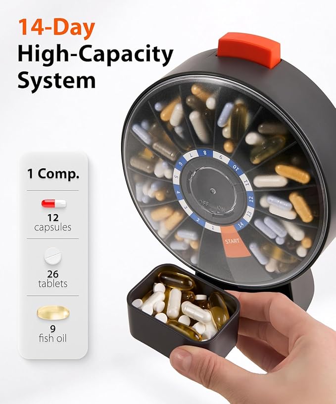 14-Day Rotating Pill Dispenser Wheel Push Button Wall-Mount or Desktop Large Capacity