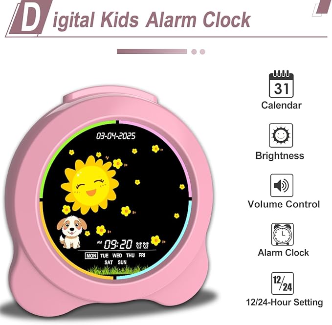 Kids Alarm Clock Sun & Moon LED Display with Day & Date OK to Wake Clock with Night Light for Kids Children's Sleep Trainer Gift for Boy and Girls (Pink)