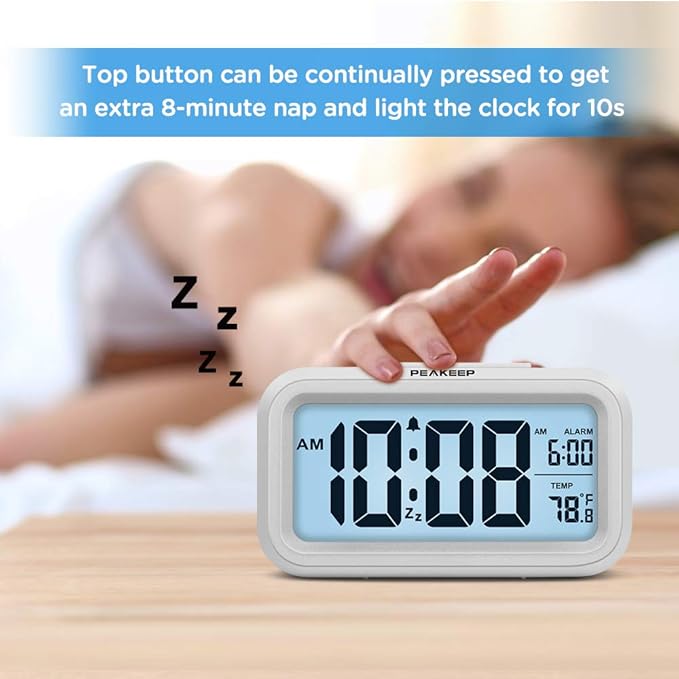 Peakeep Night Light Digital Alarm Clock Battery Operated with Indoor Temperature, Desk Small Clock (White)
