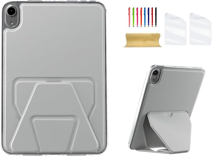 Dteck for iPad mini (A17 Pro), Mini 6 (6th Generation) 8.3" Slim Case with Kickstand/2 Screen Protector Films/Stylus, Ultra Thin Lightweight Solid Color PU Leather Protective Back Cover Shell, Gray