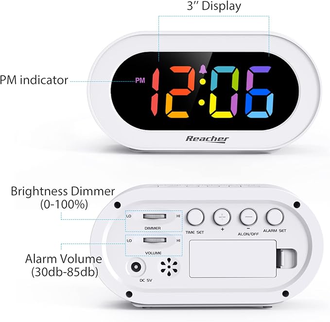 REACHER Small Colorful LED Digital Alarm Clock with Snooze, Simple to Operate, Full Range Brightness Dimmer, Adjustable Alarm Volume, Outlet Powered Compact Clock for Bedrooms, Bedside, Desk, Shelf