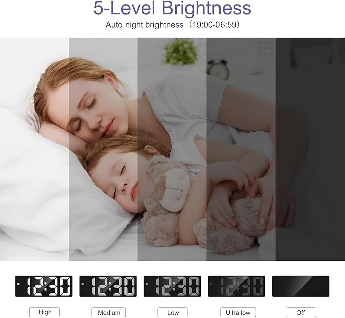 Digital Clock, Alarm Clocks with 6.5' Large Display, Touch Snooze, LED Desk Clock with 4 Adjustable Brightness, 12/24H, Digital Alarm Clock with DST, Easy to Set for Home, Office, Gifts