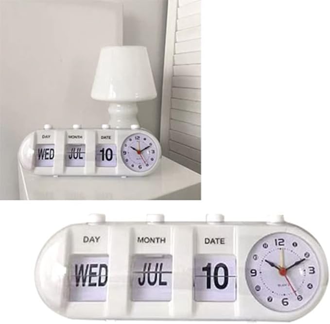 Flip Clock, Retro Table Clock Non Ticking Calendar Alarm Clocks Jump Desktop Clocks with Date, Month, Day of Week Display (White)