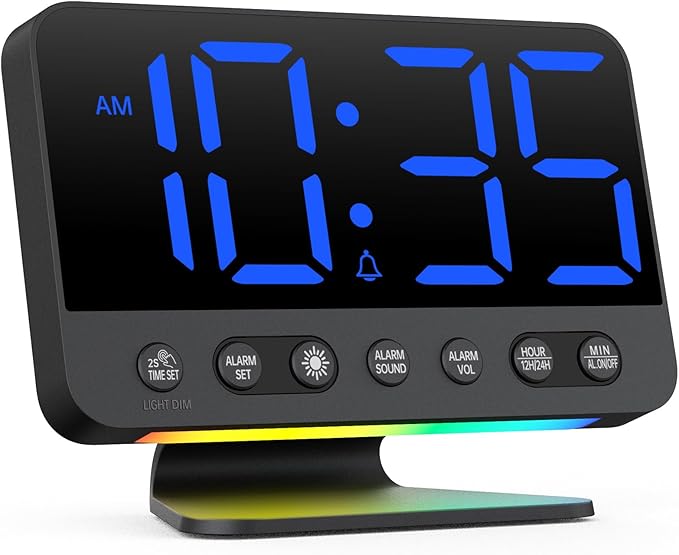 Digital Alarm Clock with Large Numbers for Bedrooms: Bold Display Readable Across The Room with 5 Level Brightness - 5 Alarm Sounds 8 Night Lights for Kids Seniors Teens - Blue