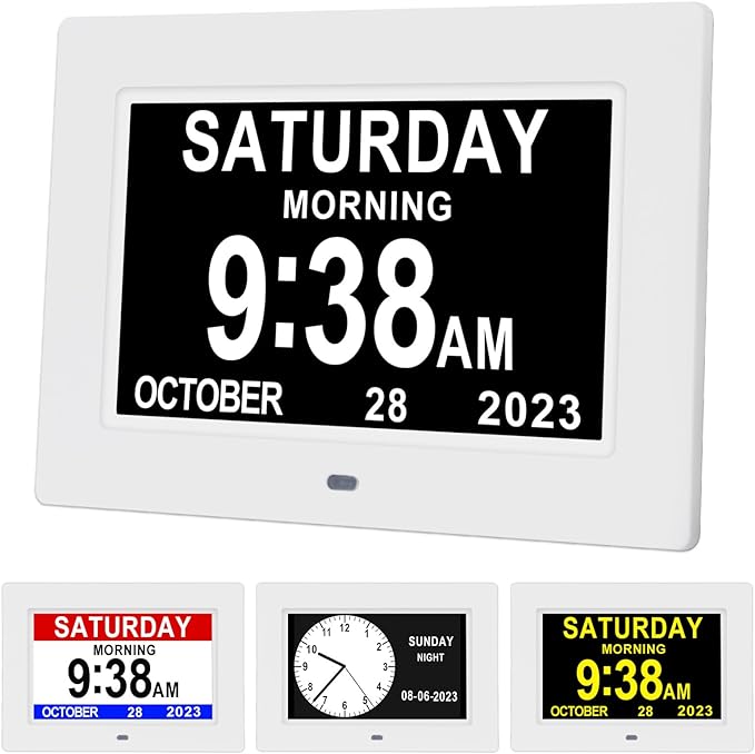 Aowasi Digital Calendar Clock, 12 Custom Alarm Options, Calendar Clock with Day and Date Display 7-Inch Large Display, Digital Clock for Seniors Dementia Alzheimer Memory Loss Vision Impaired Elderly