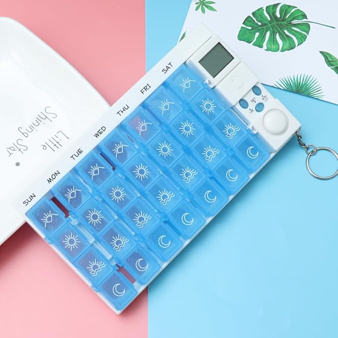 Fomiyes 7 Day Timed Medicine Box with Alarm Reminder 28 Grids Compartments Removable Timer Backlight Weekly Pill Organizer for Vitamins and Pills 7.48 * 4.13 * 0.98inch