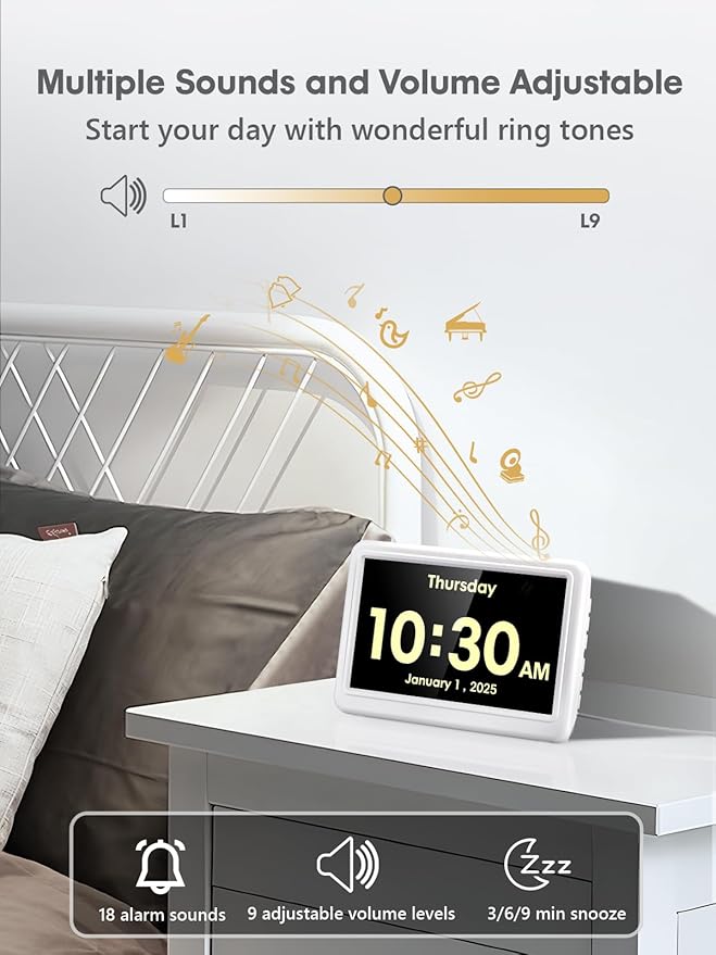 ROCAM Dementia Clock for Seniors, Large Display Digital Calendar Day Clock, 12 Themes 20 Custom Alarms & Reminders with 18 Ringtones, Automatic Dimmer, Medication Alarm Clock for Alzheimers/Elderly
