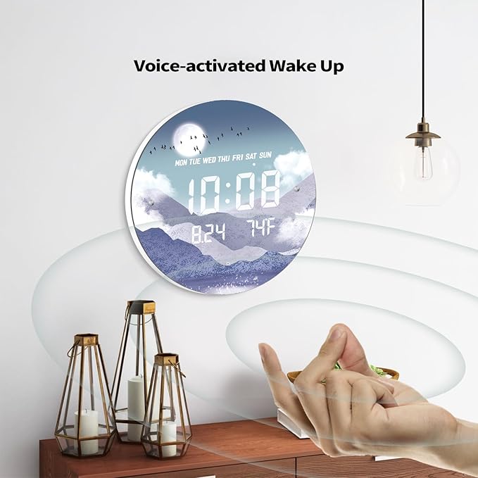 12'' Smart LED Wall Clock, Moonlight Cloudscape Art, Radar & Voice Activated, 7 Level Brightness Auto Dimming, Large Display with Temp Date Day, 12/24H, Rechargeable for Bedroom Living Room