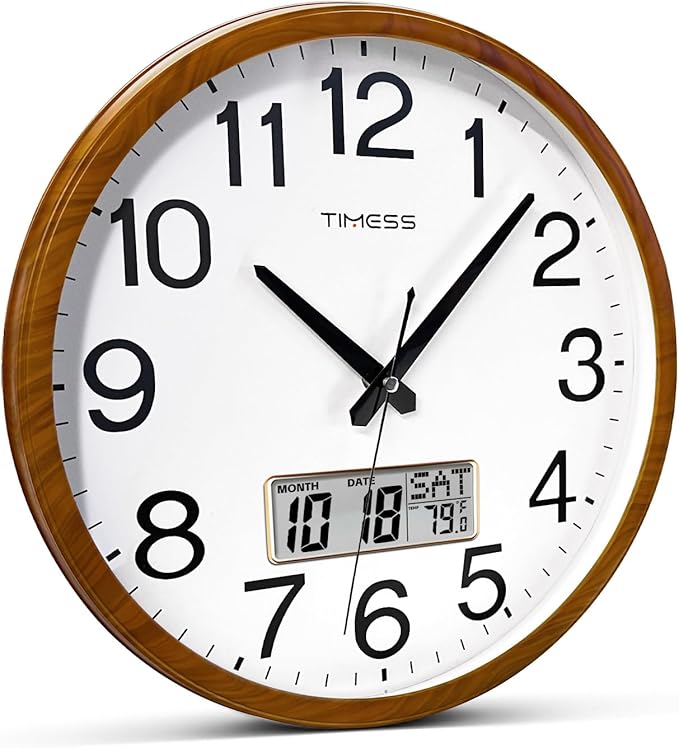 TIMESS Wall Clock, Classic Wood Style Finish, 16 Inch Non-Ticking Silent Battery Operated Quartz Analog with Perpetual Calendar and F° Temperature Display, Home, Office Décor (Wood Yellow)