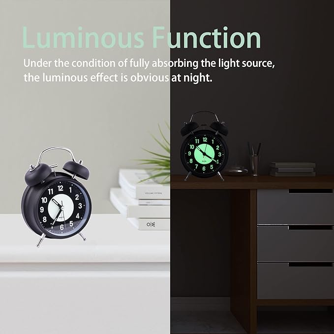 4" Analog Luminous Alarm Clock Twin Bell Silent Non-Ticking Quartz Battery Operated Loud with Backlight for Bedside Table Vintage Retro Style, Decorative Desk Clock