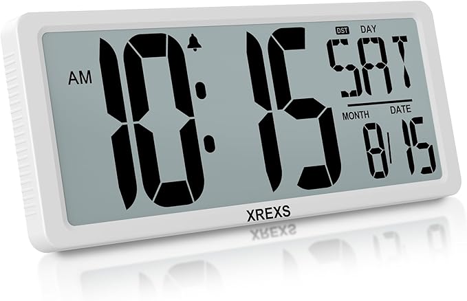 XREXS Large Digital Wall Clock, Electronic Alarm Clocks for Bedroom, Count Up & Down Timer, Battery Operated 14.17 Inch Large LCD Screen with Time/Date/Temperature Display