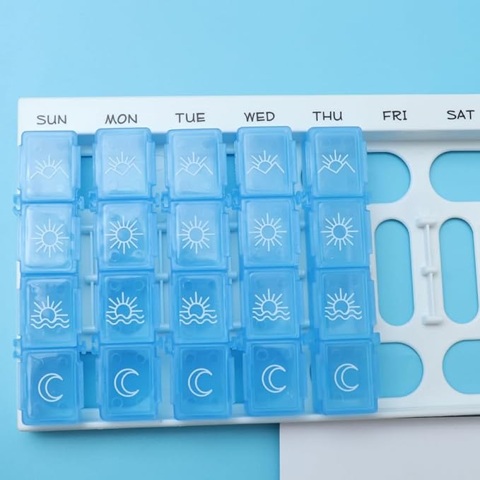 Fomiyes 7 Day Timed Medicine Box with Alarm Reminder 28 Grids Compartments Removable Timer Backlight Weekly Pill Organizer for Vitamins and Pills 7.48 * 4.13 * 0.98inch