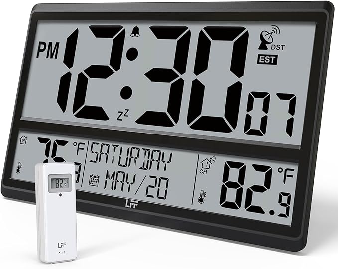 LFF Atomic Clock 4.5" Numbers, 15'' Large Display Atomic Wall Clock Never Needs Setting, Indoor Outdoor Temperature with Wireless Outdoor Sensor, Battery Powered, Clock for Home Office