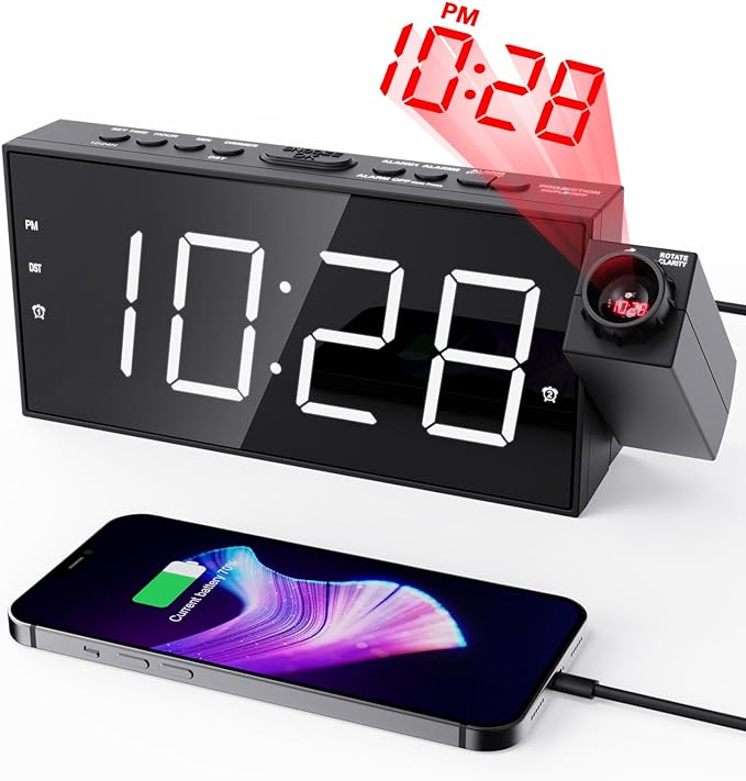 OnLyee Ceiling Projection Alarm Clock, 7" Large Display Digital Clock for Bedroom with USB Charger, 180° Rotatable Projector, Loud Alarm, Snooze, DST, 12/24H Dimmer – for Kids Adults Elders