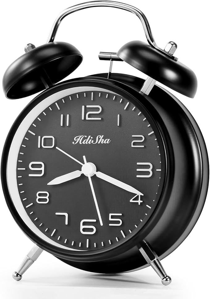 Loud Alarm Clock for Heavy Sleepers, 6 inch Battery Operated Twin Bell Alarm Clock with Night Light, Silent Non Ticking Analog Small Clock Decor for Bedroom, Bedside, Living Room