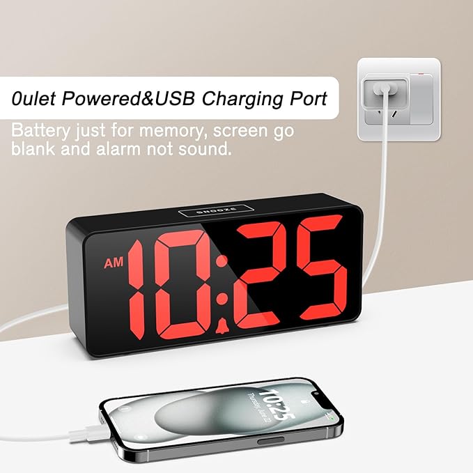 Welgo 7.5 Inches Oversized Digital Alarm Clock for Seniors & Visually Impaired, Simple Setup, 0-100% Dimmer, Adjustable Volume, USB Charging Port, Snooze, Outlet Powered for Bedroom