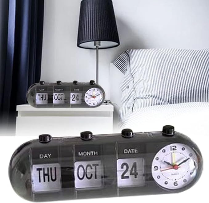 Flip Clock, Manual Jump Desktop Clocks with Date Retro Table Clock Non Ticking Calendar Alarm Clocks, Month, Day of Week Display(Black)